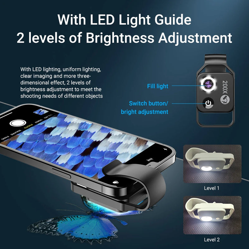 MicroView Pro - 200X Smartphone Microscope Lens with CPL and LED Light