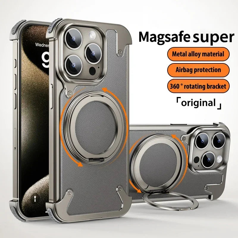 360Lux Magnetic Shield - Aluminum Alloy Phone Case for iPhone 15 Pro Max with Rimless Design and Matte Leather Cover