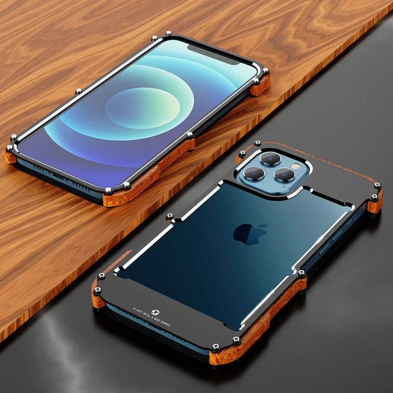 TimberMax EdgeGuard: Wood Border Phone Case for iPhone 13/12/14/15 Pro Max 14/15 Plus with Aluminum Metal Frame