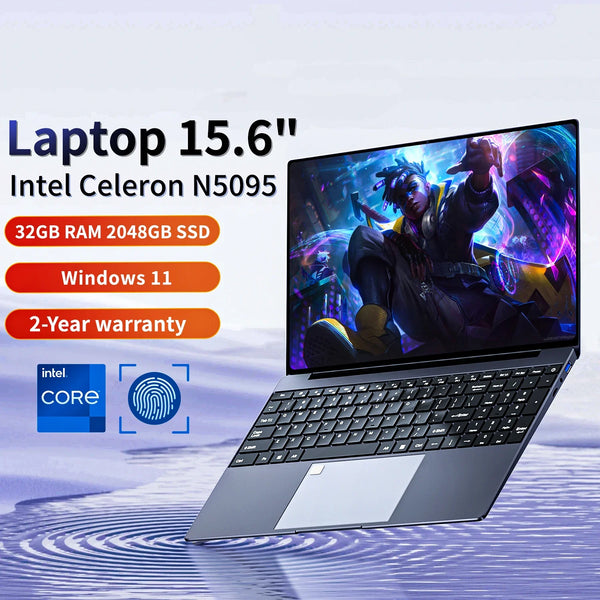 15.6" Portable Laptop Intel N5095 32GB Ram DDR4 2TB SSD Windows 11 Notebook Pc Gamer  Office Computer with Backlit Fingerprint